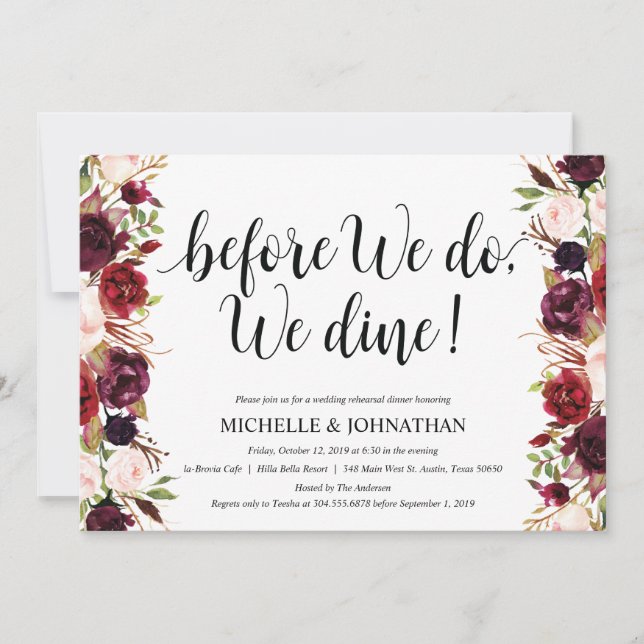 Rustic Burgundy Wedding Rehearsal Dinner Invites (Front)