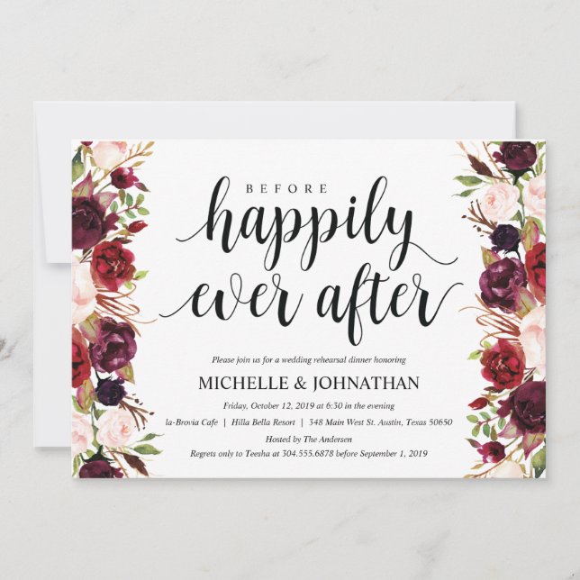 Rustic Burgundy Wedding Rehearsal Dinner Invites (Front)
