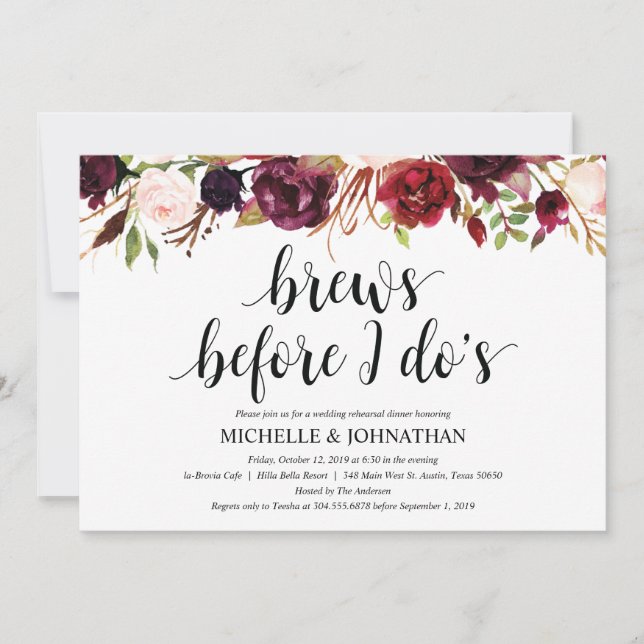 Rustic Burgundy Wedding Rehearsal Dinner Invites (Front)