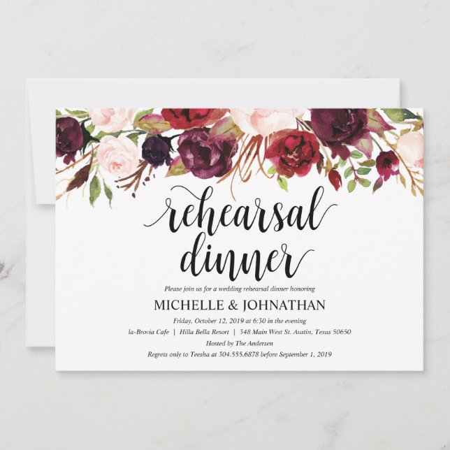 Rustic Burgundy Wedding Rehearsal Dinner Invites (Front)