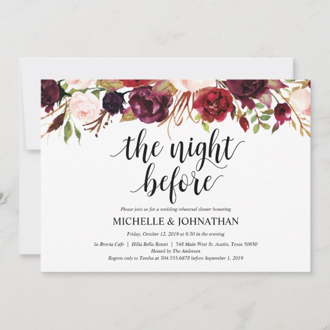 Rustic Burgundy Wedding Rehearsal Dinner Invites (Front)