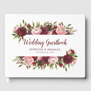 Rustic Burgundy White Floral Watercolor Wedding Guest Book