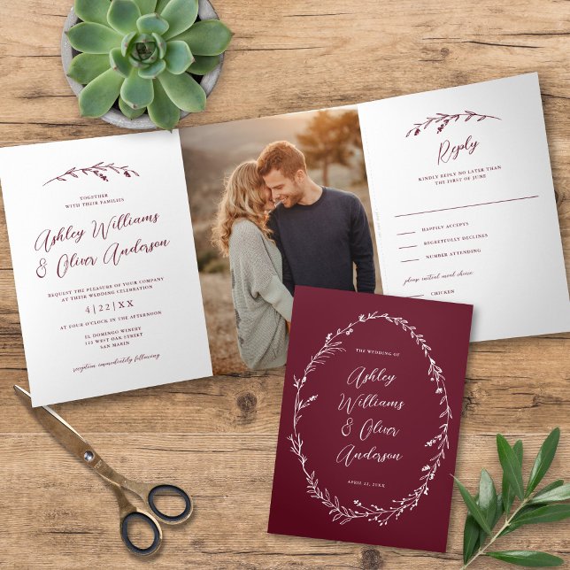 Rustic Burgundy Wildflower Boho Photo Wedding Tri-Fold Invitation (Creator Uploaded)