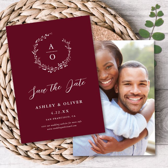 Rustic Burgundy Wildflower + Photo Save The Date Invitation (Creator Uploaded)