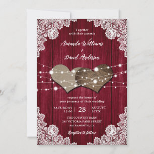 Rustic Burgundy Wood Burlap Lace Wedding Invitation