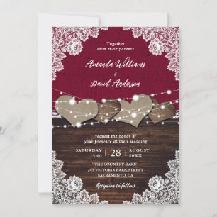 Rustic Burgundy Wood Burlap Lace Wedding Invitation