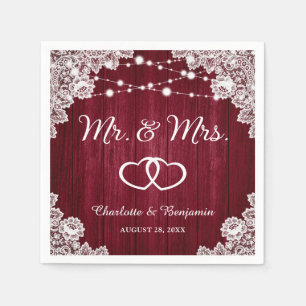 Rustic Burgundy Wood Lace String Lights Wedding Napkin