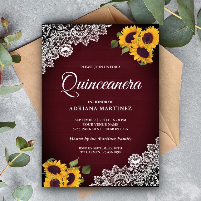 Rustic Burgundy Wood Lace Sunflower Quinceanera Invitation (Creator Uploaded)