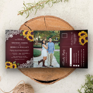 Rustic Burgundy Wood Lace Sunflower Wedding Photo Tri-Fold Invitation