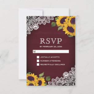 Rustic Burgundy Wood Lace Sunflower Wedding RSVP Card