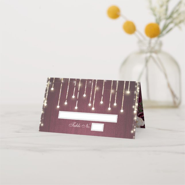 Rustic Burgundy Wood & String Lights Wedding Place Card (Front)
