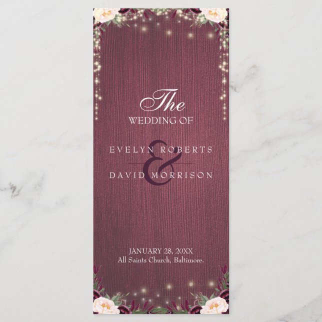 Rustic Burgundy Wood String Lights Wedding Program Programme (Front)