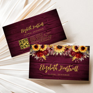 Rustic Burgundy Wood Sunflower Floral QR Code Business Card