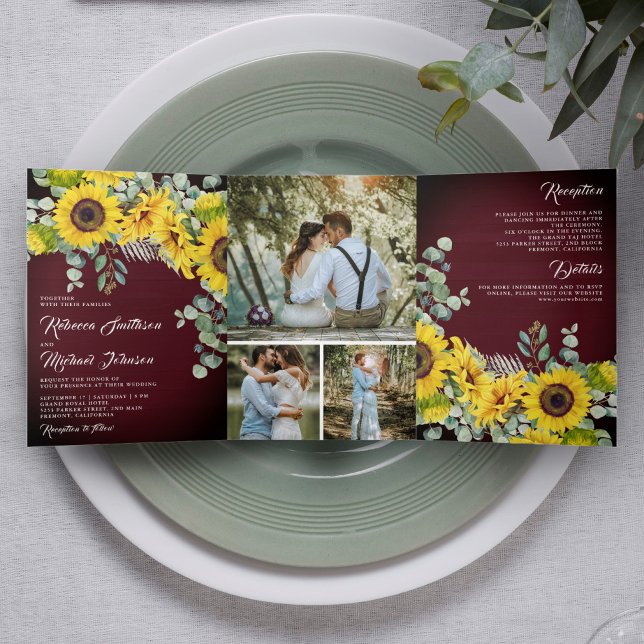 Rustic Burgundy Wood Sunflowers Eucalyptus Wedding Tri-Fold Invitation (Creator Uploaded)