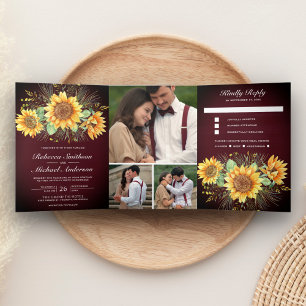 Rustic Burgundy Wood Sunflowers Photo Wedding Tri-Fold Invitation