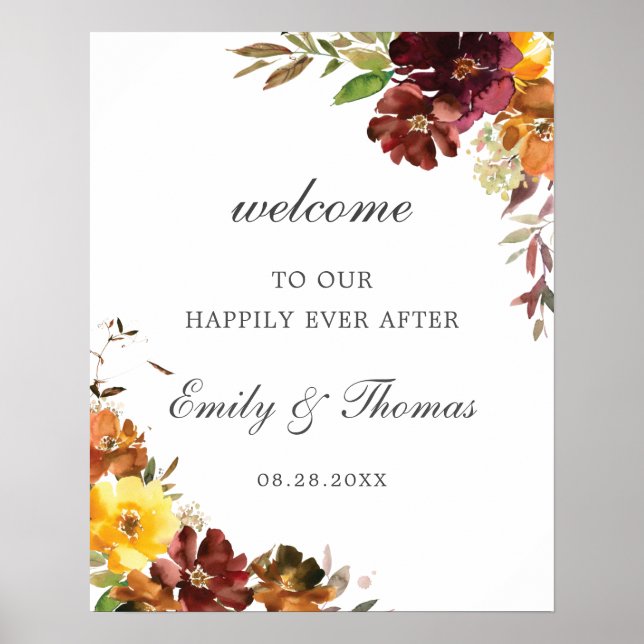 Rustic Burgundy Yellow Floral Wedding Welcome    Poster (Front)
