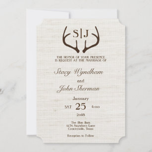 Rustic Burlap and Antler Wedding Invitation Card