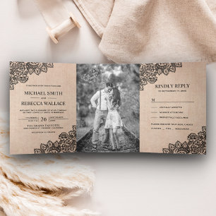 Rustic Burlap and Black Lace Wedding Photo Tri-Fold Invitation
