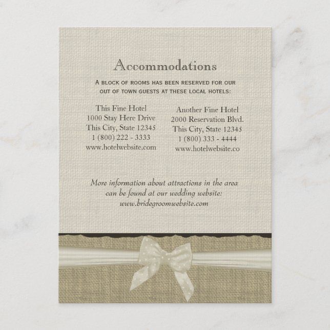 Rustic Burlap and Bow Direction Info Card (Front)