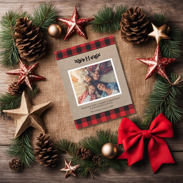 Rustic Burlap and Buffalo Plaid Monogram Photo  Holiday Card (Creator Uploaded)