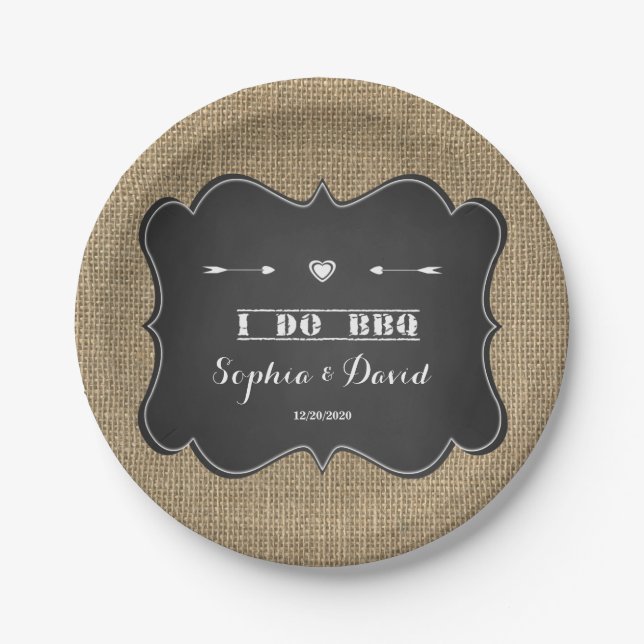 Rustic Burlap and Chalkboard I DO BBQ Custom Paper Plate (Front)
