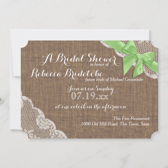 Rustic Burlap and Lace Green Bow Bridal Shower Invitation (Front)