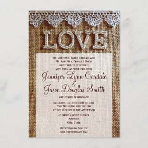 Rustic Burlap and Lace LOVE Wedding Invitations