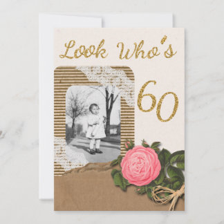 Rustic Burlap and Lace Rose 60th Birthday Invit Invitation