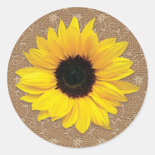 Rustic Burlap and Lace Sunflower Wedding Classic Round Sticker (Front)