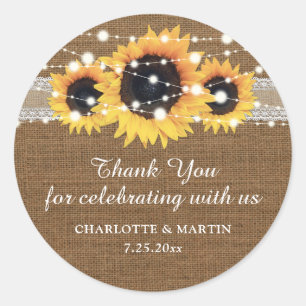 Rustic Burlap and Lace Sunflower Wedding Thank You Classic Round Sticker