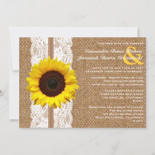 Rustic Burlap and Lace with Sunflower Wedding Invitation (Front)