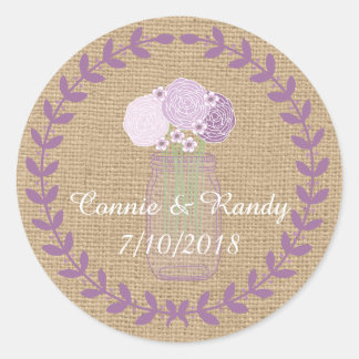 Rustic Burlap and Purple Mason Jar Flowers Wedding Classic Round Sticker