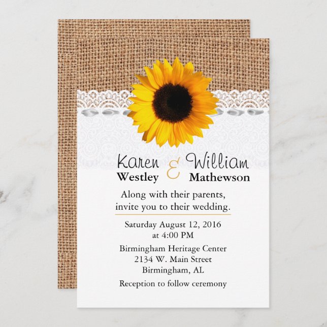 Rustic Burlap and Sunflower Wedding Invitation (Front/Back)