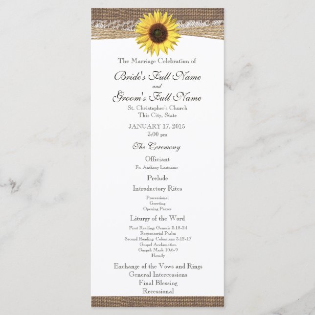 Rustic Burlap and Sunflower Wedding Program Programme (Front)