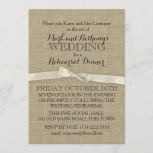 Rustic Burlap and White Bow Rehearsal Dinner Invitation