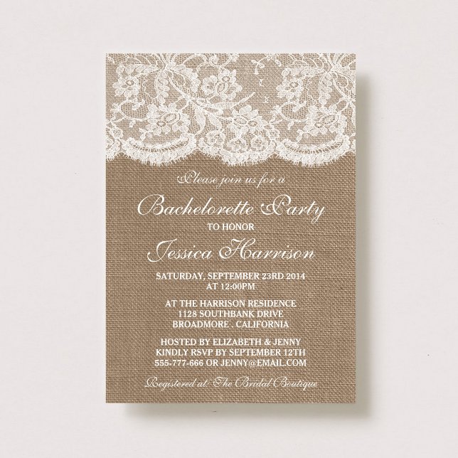 Rustic Burlap And White Lace Bachelorette Party Invitation (Creator Uploaded)