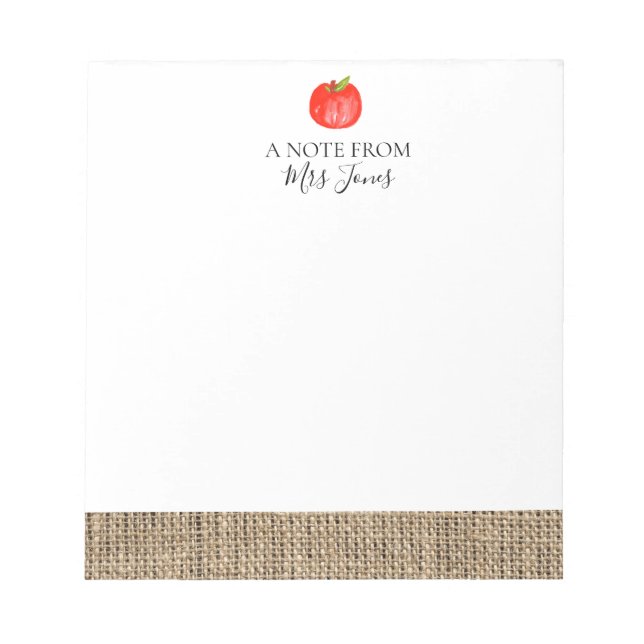 Rustic burlap apple teachers gift notepad (Front)