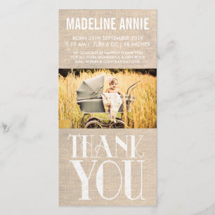 Rustic Burlap Baby Birth Thank You Photo Card