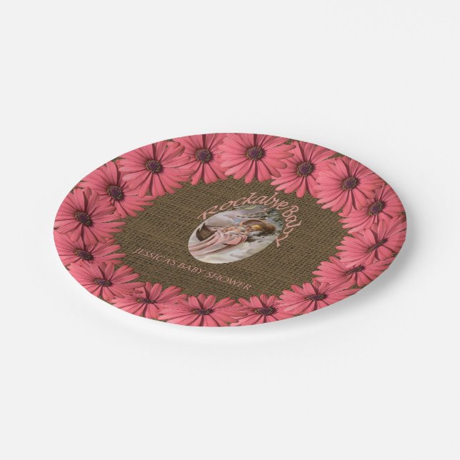 Rustic Burlap Baby Shower | Brown Pink Floral Paper Plate (Angled)