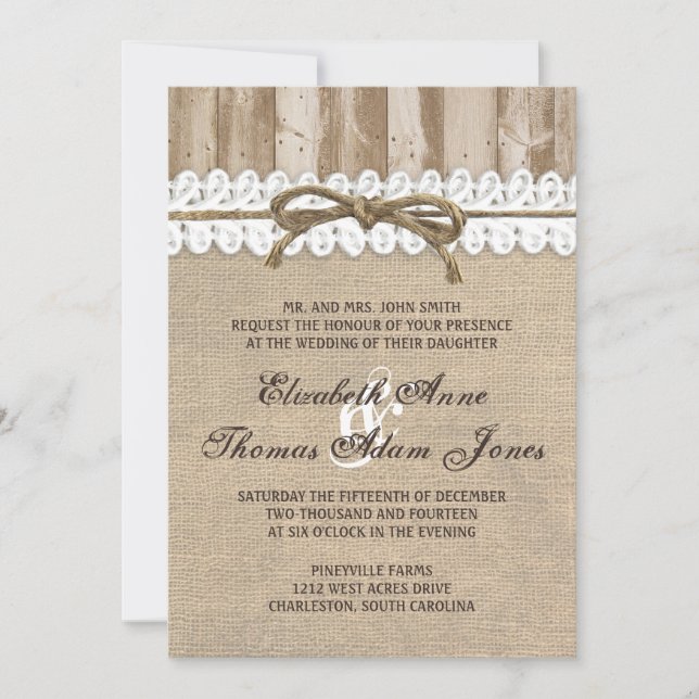 Rustic Burlap Barn Wood Twine Wedding Invitation (Front)