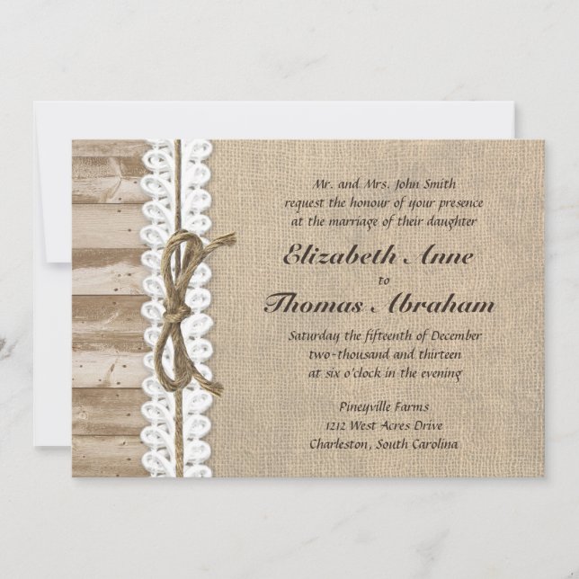 Rustic Burlap Barn Wood Twine Wedding Invitations (Front)