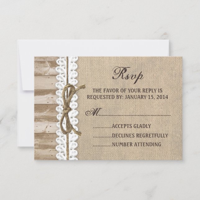 Rustic Burlap Barn Wood Twine Wedding RSVP Card (Front)