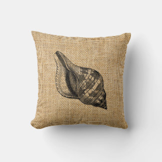 Rustic Burlap Beach Theme Seashells Throw Pillows