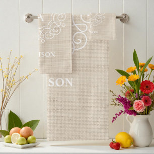 Rustic Burlap Beige Farmhouse Monogram Bath Towel Set
