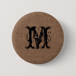 Rustic Burlap Black Monogram - Shabby Chic 6 Cm Round Badge