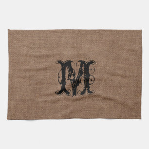 Rustic Burlap Black Monogram - Shabby Chic Tea Towel