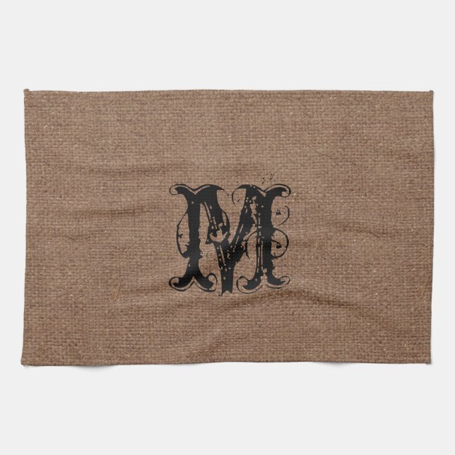 Rustic Burlap Black Monogram - Shabby Chic Tea Towel (Horizontal)