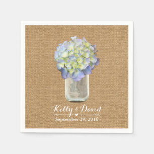 Rustic Burlap Blue Hydrangea Mason Jar Wedding Napkin