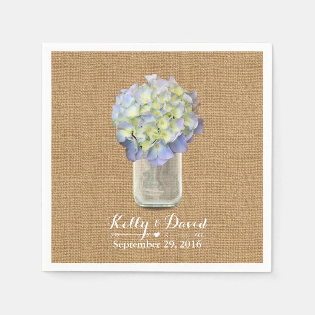 Rustic Burlap Blue Hydrangea Mason Jar Wedding Napkin (Front)