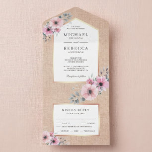 Rustic Burlap Blush Pink Watercolor Floral Wedding All In One Invitation